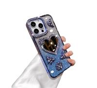 Nogkdyc Transparent Phone Case for Iphone 16promax 3D Rhinestone Love Mirror Phone Case for Iphone 16/15/14/13/12 Silicone All-inclusive Drop Resistant(blue,for iPhone 16promax)