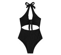 NOGRAX Bikini Triangolo Donna One Piece Costume da Bagno Solido Bow Ribbed Costumi da Bagno Donne Halter Bodysuit Estate Spiaggia Costume da Bagno per Femmina-Black,XL