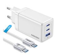 NOHON Caricatore USB-C Rapido Caricabatterie: 65W GaN Alimentatore PD 3.0 con Cavo Tipo C Ricarica 140W 1.2M | 3 Porte Compatibile con iPhone 12 13 14 15 Macbook iPad Xiaomi Galaxy S23 (Bianco)