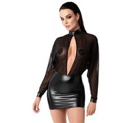 Noir Elegante mini abito a maniche lunghe in mix di materiali in tulle trasparente e look Powerwet con scollo profondo e colletto alto, Nero , 4XL