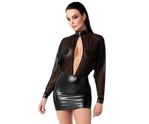 Noir Elegante mini abito a maniche lunghe in mix di materiali in tulle trasparente e look Powerwet con scollo profondo e colletto alto, Nero , 4XL