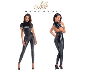 Noir Jumpsuit Tuta Nera Aderente Lucida con Schiena Scoperta Maniche Corte Sexy