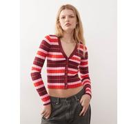 Noisy May - Cardigan in maglia a coste a righe rosa e rosse-Rosso XS
