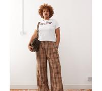 Noisy May Curve - Pantaloni a fondo ampio e vita alta marroni a quadri con pieghe-Marrone 48