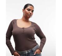 Noisy May Curve T-shirt serafino a maniche lunghe con bordo in pizzo marrone cioccolato 52