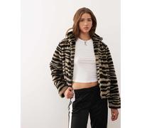 Noisy May - Giacca in pelliccia sintetica grigio zebrato con collo a imbuto-Neutro 2XL