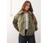 Noisy May - Giacca trapuntata kaki con colletto in pelliccia sintetica leopardata-Verde S