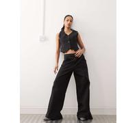 Noisy May - Jeans a fondo ampio e vita alta neri con motivo gessato in coordinato-Nero S