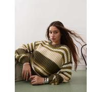 Noisy May - Maglione pesante traforato crema e verde a righe L