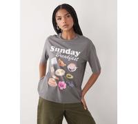 Noisy May - T-shirt squadrata grigia con grafica a tema colazione-Grigio XS