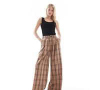 Noisy May Tall - Pantaloni a fondo ampio e vita alta marroni a quadri con pieghe-Marrone XS