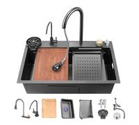 NOKTAI Lavello da Cucina a Cascata, Kit lavello da Cucina in Acciaio Inossidabile con Rubinetto Estraibile, lavello da Incasso (68 x 45 cm/26,7 x 17,7 Pollici, Grigio Canna di Fucile)