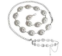 Nokwocy Cintura dorata, da donna, in metallo, con margherita scavata, fibbie regolabili, cintura dorata, adatta per abiti, jeans, maglioni, elegante, Metal Concho Belt-silver, 60-119cm