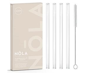 NOLA Set di 4 cannucce in vetro trasparente + spazzola per la pulizia - 15 cm di lunghezza - lavabile in lavastoviglie, vetro speciale - per bevande calde e fredde, tè, cocktail, frullati, succhi di