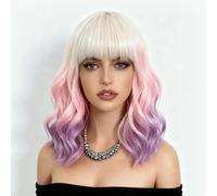 NOLE Parrucca corta con frangia da donna - 3 tonalità ombré da radici rosa a viola, parrucca sintetica resistente al calore