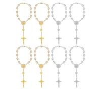 NOLITOY Braccialetti Rosari da Donna in Perle Sintetiche Croce Decorativa Set da 8 Pezzi 4 Oro 4 Argento Braccialetti Mini Rosario per Battesimi Matrimoni e Bomboniere Religiose