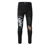 NOLLAM Uomo Streetwear Moda Slim Fit Scava Fuori Fori Danneggiati Stampa Lettere Modello Angelo Stampato Jeans Skinny Elasticizzati