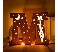 Nome personalizzato Decor Luce notturna a led Incisione di stelle e lettere luminose della luna per parete, decorazione personalizzata Luce in legno Regalo per camera da letto familiare Natale