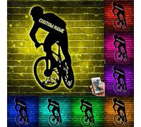 Nome personalizzato del ciclista Mountain Bike Arte da parete in metallo Luce a LED Nome personalizzato della bicicletta Targa da muro Sport Room Club Decorazioni per la casa Regalo per uomini