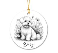Nome personalizzato Ornamento del cane, Fantastico ornamento di disegno a matita del cane maltese, Ornamento di Natale degli amanti dei cani maltesi personalizzati, Ornamento del cane nel prato