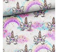 Non al metro, tessuti da cucire per bambini e donne, 100% cotone: tessuto di cotone premium da 1 m con animali unicorno Lashes arcobaleno - tessuto per bambini per ragazze e donne - rosa menta oro