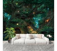 Non autoadesivo Carta da Parati Fotografica 300x210 cm Casa Sull'Albero Nella Junglea Delle Fiabe Facile Installazione Decorazione Parete Grande Fotomurali Verde HD Resistente UV Rimovibile Murale