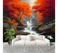 Non autoadesivo Carta da Parati Fotografica 350x256 cm Montagne Acqua Cascate Aceri Facile Installazione Decorazione Parete Grande Fotomurali Rosso-Arancio HD Resistente UV Rimovibile Murale