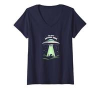 Non da Qui Intorno: Alien Visitor Sci-Fi Humor Maglietta con Collo a V, Donna, Navy, XXL