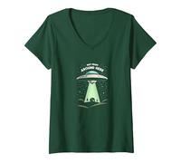 Non da Qui Intorno: Alien Visitor Sci-Fi Humor Maglietta con Collo a V, Donna, Verde Foresta, XL