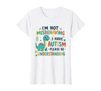 Non Mi STO comportando Male Ho consapevolezza dei Dinosauri per Bambini autismo Maglietta con Stampa Grafica Economica, Donna, Bianco, XS