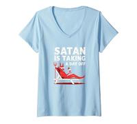 Non Oggi Satana: Il Diavolo in Vacanza sorseggia Un Cocktail Maglietta con Collo a V, Donna, Celeste, XL