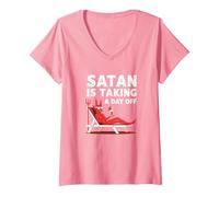 Non Oggi Satana: Il Diavolo in Vacanza sorseggia Un Cocktail Maglietta con Collo a V, Donna, Rosa, XXL