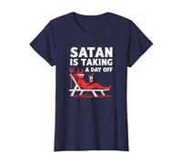 Non Oggi Satana: Il Diavolo in Vacanza sorseggia Un Cocktail Maglietta, Donna, Navy, M