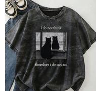 Non penso al perché non esisto, maglietta a maniche corte con stampa gatto interessante, top di lusso da donna, abbigliamento in cotone lavato taglie forti da donna, abbigliamento quotidiano da donna,