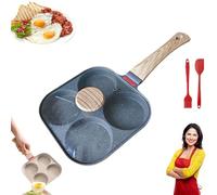 Non-Stick Egg Frying Pan, 4 Holes Skillet with Handle, Wooden Handle Medical Stone Omelet, for Hamburger, Sandwiches, for Gas Stove Induction Cookware (Black,With Lid)