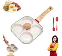Non-Stick Egg Frying Pan, 4 Holes Skillet with Handle, Wooden Handle Medical Stone Omelet, for Hamburger, Sandwiches, for Gas Stove Induction Cookware (White,With Lid)