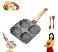 Non-Stick Egg Frying Pan, 4 Holes Skillet with Handle, Wooden Handle Medical Stone Omelet, for Hamburger, Sandwiches, for Gas Stove Induction Cookware (Black,No Lid)