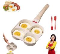 Non-Stick Egg Frying Pan, 4 Holes Skillet with Handle, Wooden Handle Medical Stone Omelet, for Hamburger, Sandwiches, for Gas Stove Induction Cookware (White,No Lid)