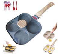 Non-stick Egg Frying Pan, Non Stick 4 Hole Egg Frying Pan, 4 Holes Skillet with Handle, Multifunctional Wooden Handle Medical Stone Pans, for Gas Stove, Induction Cookware (Black with lid)