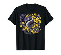 Nonbinary Japanese Dragon Enby Pride Flag Colors Floral Maglietta