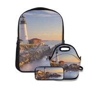 Nongmei Set di zaino per scuola,Portland Head Lighthouse a Cape Elizabeth,con borsa per il pranzo e astuccio per la scuola per adolescenti