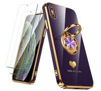 Nonional Custodia compatibile con iPhone X/XS con 2 pellicole proteggi schermo, supporto ad anello girevole a 360° [motivo a cuori di lusso] custodia morbida sottile placcata oro per iPhone X/XS -