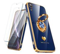 Nonional Custodia compatibile con iPhone XR con 2 pellicole proteggi schermo, supporto ad anello girevole a 360° [motivo a cuori di lusso] custodia morbida sottile placcata oro per iPhone XR - blu