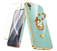 Nonional Custodia compatibile con iPhone XR con 2 pellicole proteggi schermo, supporto ad anello girevole a 360° [motivo a cuori di lusso] custodia morbida sottile placcata oro per iPhone XR - menta
