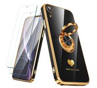 Nonional Custodia compatibile con iPhone XR con 2 pellicole proteggi schermo, supporto ad anello girevole a 360° [motivo a cuori di lusso] custodia morbida sottile placcata oro per iPhone XR - nero