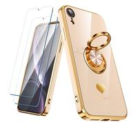 Nonional Custodia compatibile con iPhone XR con 2 pellicole proteggi schermo, supporto ad anello girevole a 360° [motivo a cuori di lusso] custodia morbida sottile placcata oro per iPhone XR - rosa