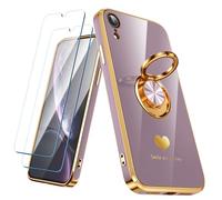 Nonional Custodia compatibile con iPhone XR con 2 pellicole proteggi schermo, supporto ad anello girevole a 360° [motivo a cuori di lusso] custodia morbida sottile placcata oro per iPhone XR - viola