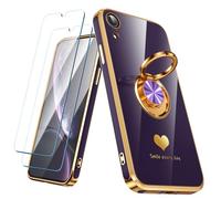 Nonional Custodia compatibile con iPhone XR con 2 pellicole proteggi schermo, supporto ad anello girevole a 360° [motivo a cuori di lusso] custodia morbida sottile placcata oro per iPhone XR - viola
