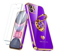 Nonional Custodia compatibile per iPhone 11 con 2 pellicole proteggi schermo, supporto ad anello girevole a 360° [motivo di cuori di lusso] custodia morbida sottile placcata oro per iPhone 11 - viola