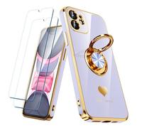 Nonional Custodia compatibile per iPhone 11 con 2 pellicole proteggi schermo, supporto ad anello girevole a 360° [motivo di cuori di lusso] custodia morbida sottile placcata oro per iPhone 11